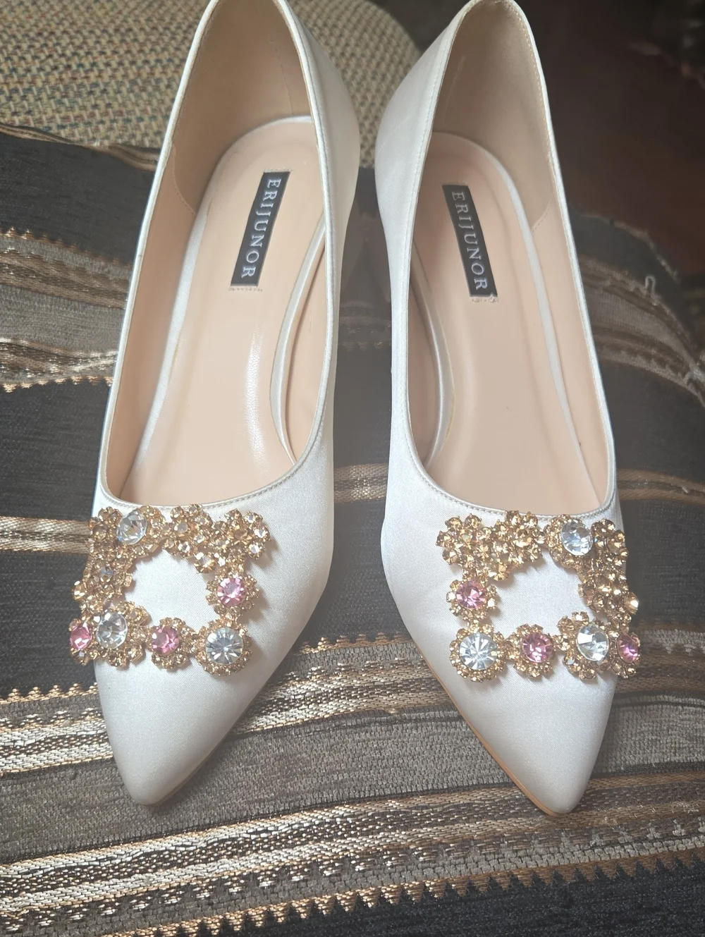 Soft Cream Satin Pointed Toe Low Heel Flats with Gold & Pink Crystal Buckle